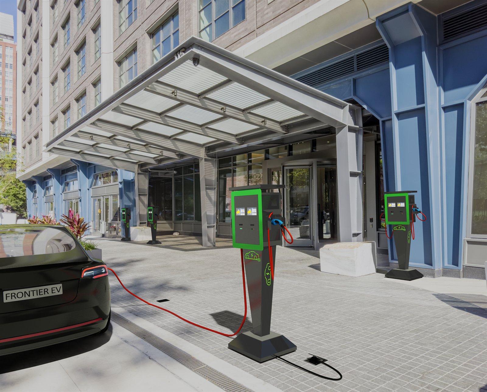 Frontier EV chargers positioned in a hotel and managed parking environment.