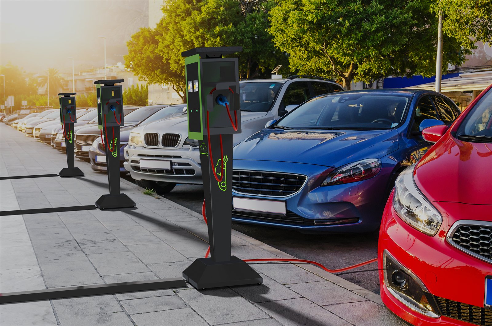 Portable-style Frontier EV charging deployed beside street and shared parking.