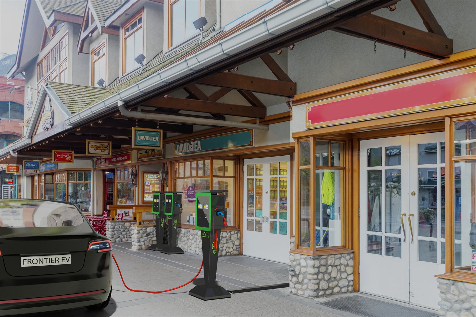 Frontier EV charging positioned near a tea or coffee retail stop.